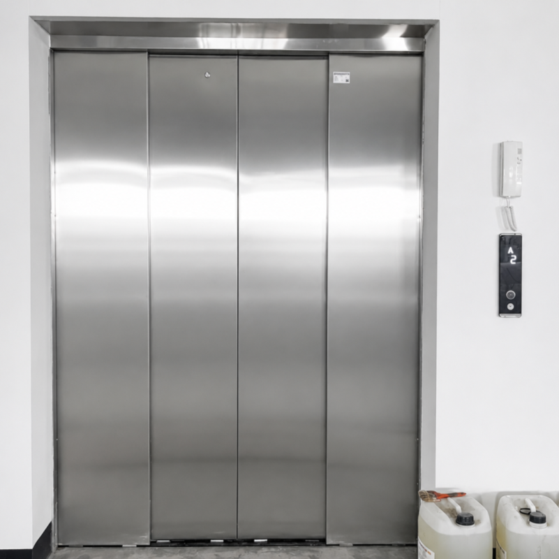 Cửa tầng thang máy tải hàng bốn cánh mở tim do Tân Long giới thiệu